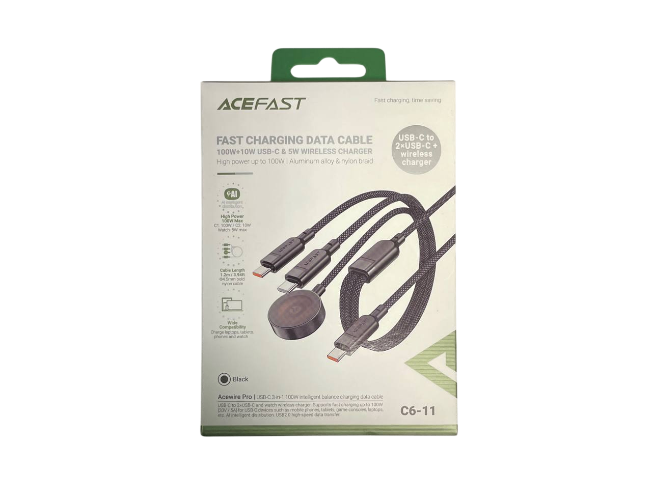 Кабель AceFast Type-C 3в1  (Type-C + Type-C + Беспроводная зарядка 15W) 3A 100w C6-11